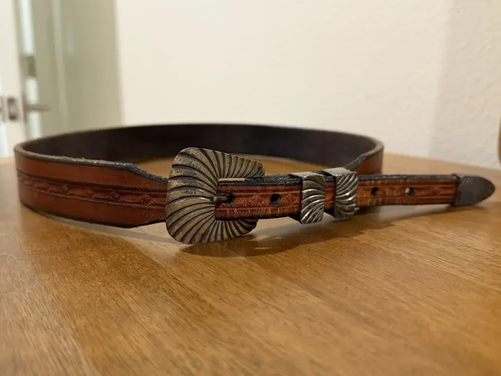 Vintage ELK Vogt sterling Silver 4 Piece Ranger Belt Buckle Hand Tooled Leather